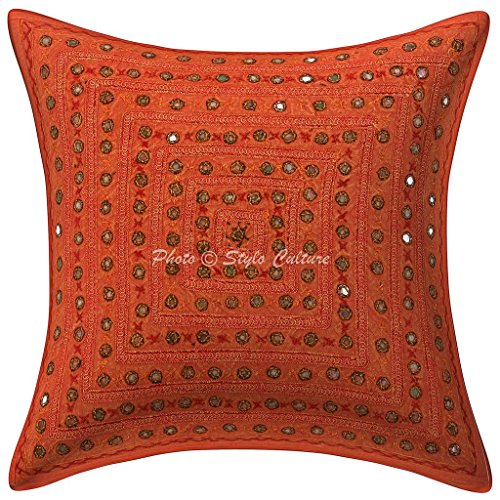 Stylo Culture-Baumwoll-ethnische Kissen-Abdeckung gestickter Spitze-Spiegel 40 x 40 Zierkissenbezüge orange geometrischer Kissen-Kasten von Stylo Culture