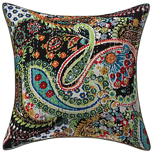 Stylo Culture Baumwolle Dekorative Kissenbezug Gedruckt Kantha Stitch 40 x 40 Zierkissenbezüge Schwarz Paisley Kissenbezug von Stylo Culture