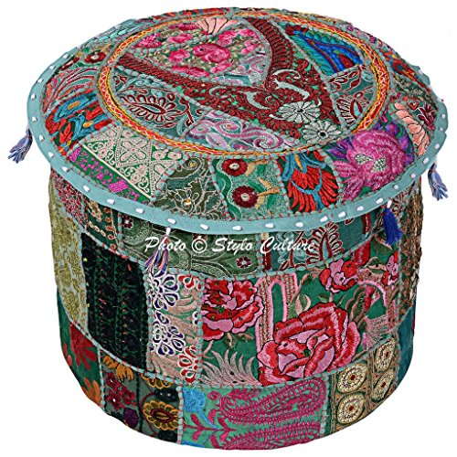 Stylo Culture Baumwolle Patchwork gestickte osmanische Hocker Pouf Abdeckung grünes Blumen von Stylo Culture