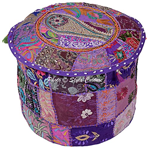 Stylo Culture Baumwolle Patchwork gestickte osmanische Hocker Pouf Abdeckung lila Blumen von Stylo Culture