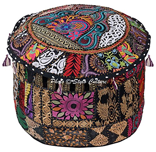 Stylo Culture Baumwolle Patchwork gestickte osmanische Hocker Pouf Abdeckung schwarzes Blumen von Stylo Culture