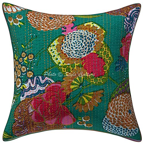 Stylo Culture Baumwolle Traditionelle Kissen Tasche Gedruckt Kantha Stitch 40 x 40 Zierkissenbezüge Green Square Cover von Stylo Culture