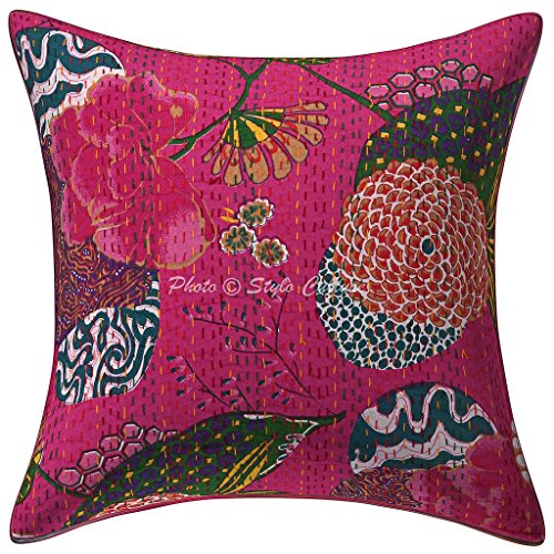 Stylo Culture Baumwolle Traditionelle Kissenbezug Gedruckt Kantha Stitch 40 x 40 Zierkissenbezüge Rosa Tropische Fruchtdecke von Stylo Culture