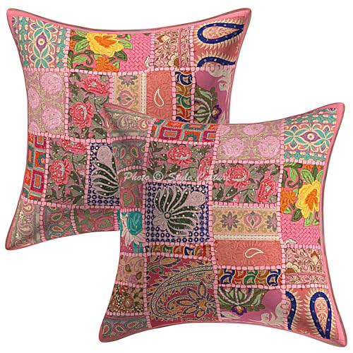 Stylo Culture Baumwolle Vintage Patchwork Kissenbezüge Ethnisch 40x40 cm Baby Pink Traditionell 16x16 Dekorativ Bohemien Wohnkultur Blumen Abstrakt Quadrat Kopfkissenbezug | 2er Set von Stylo Culture