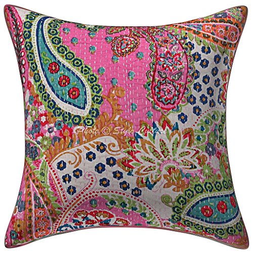 Stylo Culture Baumwolle dekorative Kissenbezug Gedruckt Kantha Stitch 40 x 40 Zierkissenbezüge rosa Paisley Kissenbezug von Stylo Culture