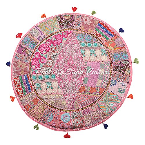 Stylo Culture Bodenkissenbezug Boho 100x100 cm Indisch Dekorativ Rund Groß Sitzpolster Kissen Vintage Baby Pink Bohemien Patchwork Wohnzimmer Baumwolle Bestickt Bodenkissen Sitzkissen von Stylo Culture