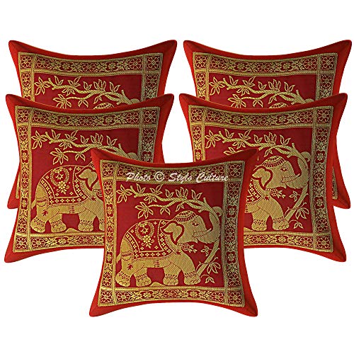 Stylo Culture Bohemien Brokat Dekorativ Kissenbezug 30 x 30 cm Sofakissenbezug Kastanienbraunes Gold Jacquard 12 x 12 Inch Elefant Traditionell Dekokissen Quadrat Kissenhülle (Set of 5) von Stylo Culture