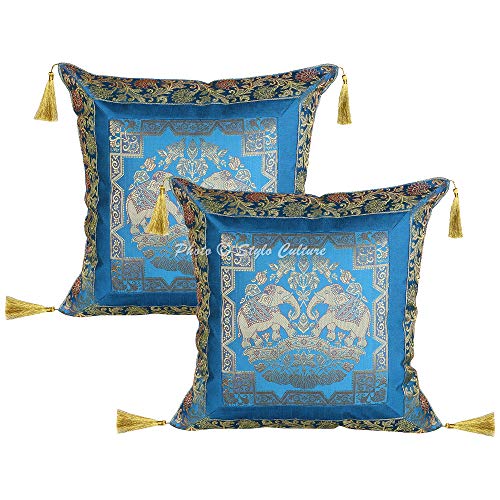Stylo Culture Dekorativ Brokat Ethnish Sofa Kissenbezüge 45 x 45 cm Türkis Gold 18x18 Jacquard Brokat Border Quasten Polydupion Seide Elefant Blumen Platz mit Reißverschluss Kissenhülle | 2er Set von Stylo Culture