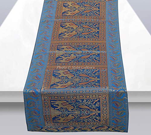 Stylo Culture Dekorativer Indien Tischläufer Türkis Gold Elefant Pfau Bohemien Jacquard Tischdecke Rechteckig 5 Fuß Für Kaffeetisch Brokat Party Tischdekoration (40 x 152 cm) von Stylo Culture