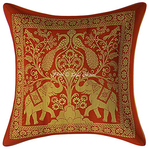 Stylo Culture Elefant Brokat Dekorativ Kissenbezuge 30x30 cm Lounge Kissen Jacquard rotes Gold 12x12 Inch indisch Traditionell Dekokissen Quadrat Kissenbezüge (1 Piece) von Stylo Culture