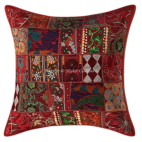 Stylo Culture Ethnic Dekorative Große Dekokissen 60x60 Home Decor Maroon Vintage Stoff Patchwork Baumwolle Wohnzimmer Couch Kissenbezug Floral 60x60 cm Kissenbezug von Stylo Culture