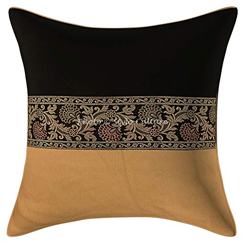 Stylo Culture Ethnic Dekorative Kissen für Couch 40 x 40 Home Decor Schwarz Beige Brokat Jacquard Patchwork Polydupion Schlafzimmer Kissenbezug Floral 40 x 40 cm Kissenbezug von Stylo Culture