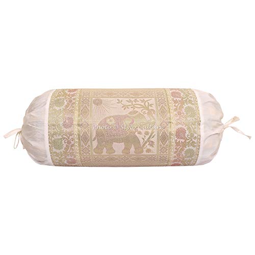 Stylo Culture Ethnic Polydupion Nackenkissen Runder Kissenbezug aus zylindrischem Rohr Weißer Jacquard-Brokat-Rand-Elefant Großer Diwan-Zylinder-Kissen-Kissenbezug (1 Stück) | 30x15 Zoll (76x38 cm) von Stylo Culture