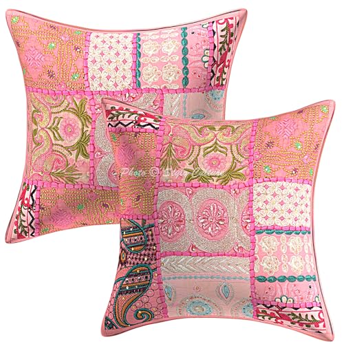 Stylo Culture Ethnisch Baumwolle Dekorativ Kissenbezüge 30x30 cm Baby Pink Traditionell 12x12 Vintage Patchwork Bohemien Wohnkultur Abstrakt Blumen Quadrat Kissenhüllen | 2er Set von Stylo Culture