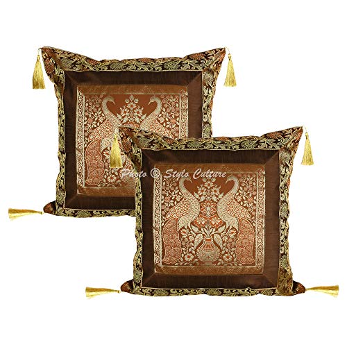 Stylo Culture Ethnisch Brokat Dekorativ Kissenbezüge 45 x 45 cm Kaffee Brown Gold 18x18 Jacquard Brokat Border Quasten Polydupion Seide Pfau Blumen Platz mit Reißverschluss Zierkissen | 2er Set von Stylo Culture