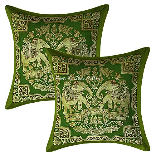 Stylo Culture Ethnisch Brokat Dekorativ Kissenbezuge 30 x 30 cm Jacquard Grün Gold Möbel Dekor 12 x 12 Inch Elefant Traditionell Dekokissen Quadrat Kissenbezüge (Set of 2) von Stylo Culture