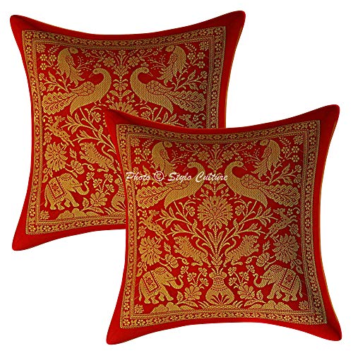 Stylo Culture Ethnisch Brokat Dekorativ Kissenhüllen 30x30 cm Jacquard rotes Gold Couch Kissenbezug 12x12 Inch Elefant Traditionell Dekokissen Quadrat Kissenbezug (Set of 2) von Stylo Culture