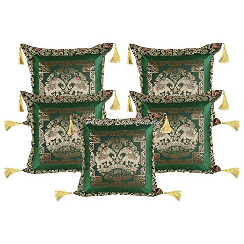 Stylo Culture Ethnisch Brokat Lounge Sofa Dekokissen Kissenbezüge 45 x 45 cm Dunkelgrün Gold 18x18 Jacquard Brokat Border Quasten Polydupion Seide Elefant Blumen Zierkissen | 5er Set von Stylo Culture