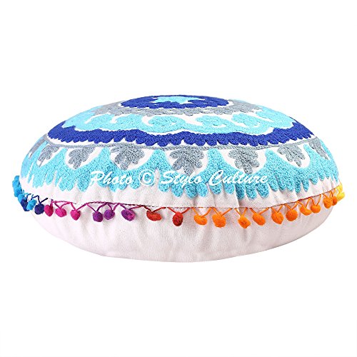 Stylo Culture Ethnisch Dekorativ Rund Bodenkissenbezug 45x45 cm Klein Bodensitzkissen Traditionell Weiß Boho Gestickte Suzani Pom Pom Spitze Baumwolle Blumen Bodenkissen Rund Kinderzimmer von Stylo Culture