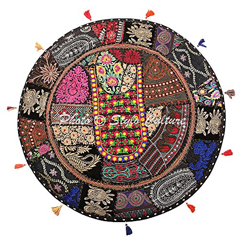 Stylo Culture Ethnisch Dekorativ Rund Bodenkissenbezug 80x80 cm Groß Bodensitzkissen Vintage Schwarz Boho Patchwork Sitzsack Bodenkissen Baumwolle Bestickt Bodenkissen Wohnzimmer von Stylo Culture