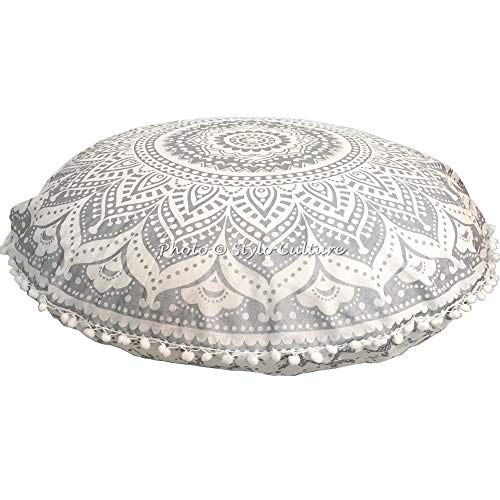 Stylo Culture Ethnisch Dekorativ Rund Bodenkissenbezug 80x80 cm Groß Sitzsack Kissen Mandala Silber Boho Pom Pom Spitze Wohnzimmer Baumwolle Blumen Bodenkissen Outdoor von Stylo Culture