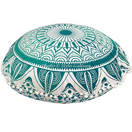 Stylo Culture Ethnisch Dekorativ Rund Bodenkissenbezug Boho 80x80 cm Groß Meditationskissen Mandala Grün Bohemien Pom Pom Spitze Schöne Sitzkissen Baumwolle Blumen Bodenkissen Sitzkissen von Stylo Culture