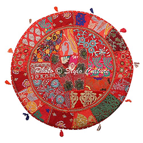 Stylo Culture Ethnisch Dekorativ Rund Bodensitzkissen 80x80 cm Groß Bodenkissenbezug Boho Vintage Rot Bohemien Patchwork Sitzsack Bodenkissen Baumwolle Bestickt Bodenkissen Rund von Stylo Culture