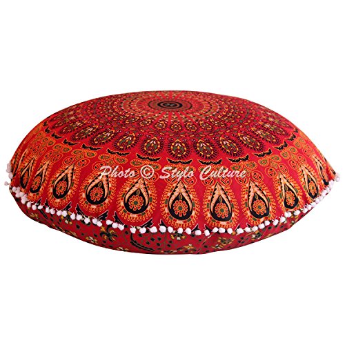 Stylo Culture Ethnisch Dekorativ Rund Bodensitzkissen 80x80 cm Groß Sitzpouf Kissen Mandala Rot Boho Pom Pom Spitze Schöne Sitzkissen Baumwolle Pfauenfeder Rundkissen Orientalisch von Stylo Culture