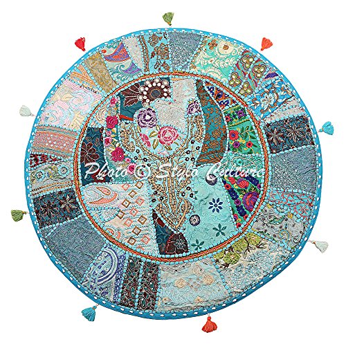 Stylo Culture Ethnisch Dekorativ Rund Bodensitzkissen 80x80 cm Groß Stuhlkissen Vintage Türkis Boho Patchwork Sitzsack Bodenkissen Baumwolle Bestickt Bodenkissen Garten von Stylo Culture