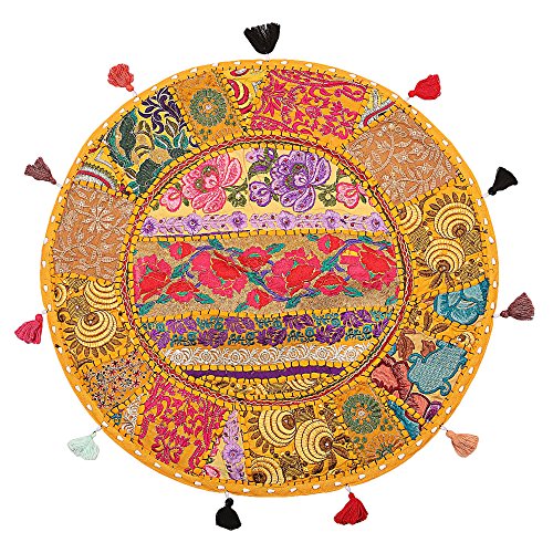 Stylo Culture Ethnisch Rund Bodensitzkissen 55 x 55 cm Dekorativ Sitzpouf Kissen Vintage Mango Gelb Boho Patchwork Schöne Sitzkissen Baumwolle Bestickt Rundkissen Bezug von Stylo Culture