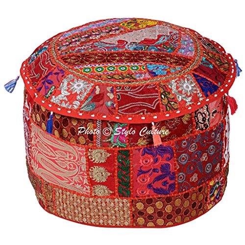 Stylo Culture Ethnische Baumwolle Patchwork gestickte osmanische Hocker Pouf Abdeckung Red Floral Bean Bag von Stylo Culture