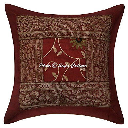 Stylo Culture Ethnische Dekokissen Covers Maroon Gestickte Brokat Patchwork Kissenbezug 40 X 40 Polydupion Square Traditionelle Florale 40x40 cm Kissenbezüge (1 Pc) von Stylo Culture