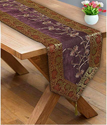 Stylo Culture Ethnische Dekorative Tischdecke Kaffee Lila Blumen Bohemien Jacquard Bestickt Tischläufer Zari Quaste 6 Fuß Für Mitteltabelle Brokat Tissue Stoff Hochzeit Tischplatte (35 x 182 cm) von Stylo Culture