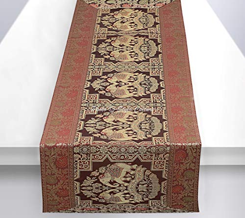 Stylo Culture Ethnische Dekorative Tischläufer Kaffee Gold Elefant Blumen Bohemien Jacquard Tischdecke Rechteckig 5 Fuß Für Esstisch Brokat Hochzeit Tischdekoration (40 x 152 cm) von Stylo Culture