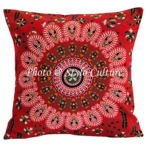 Stylo Culture Ethnische Kissen Abdeckungen Rot Gedruckt Peacock Eye Kissenbezug 40 X 40 cm Baumwolle Traditional 40x40 cm Mandala Quadratisch Kissenbezüge (1 Stück) von Stylo Culture