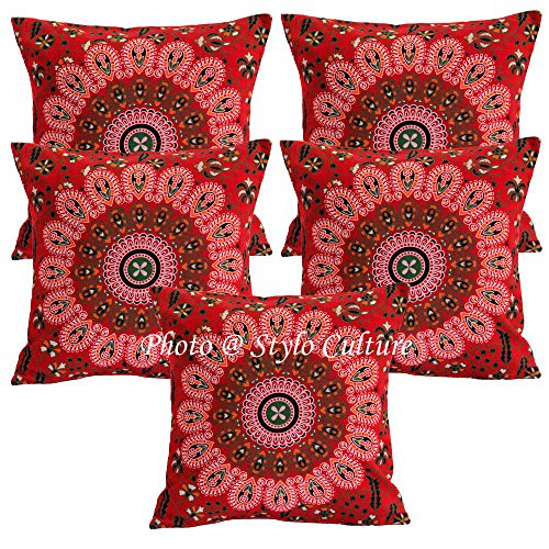 Stylo Culture Ethnische Kissen Abdeckungen Rot Gedruckt Pfau Augenkissen Abdeckungen 16 X 16 Baumwolle Platz Traditionellen Mandala 40x40 cm Kissen Abdeckungen (Set von 5 Stück) von Stylo Culture