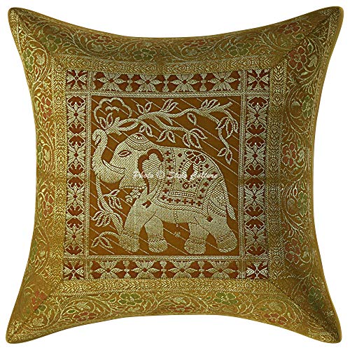 Stylo Culture Ethnische Kissen Cases Streukissen Gold Brokat Jacquard Floral Kissenbezug 40 X 40 cm Platz Traditioneller Elefant 40x40 cm Kissenbezüge (1 Stück) von Stylo Culture