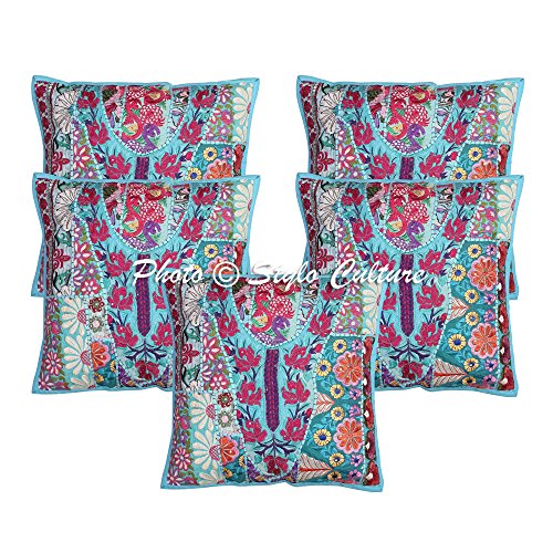 Stylo Culture Ethnische dekorative Kissen für Bett Türkis Patchwork Hals Design Couch Kissen Abdeckungen Baumwolle Square Traditional Abstract 40x40 cm Kissenbezüge (Set von 5 Stück) von Stylo Culture