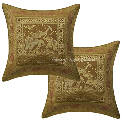 Stylo Culture Gold Indisch Baumwolle Kissenbezug 40 x 40 Brokat Selbst Design Elefanten Ethnische Kissenbezüge Set von 2 von Stylo Culture