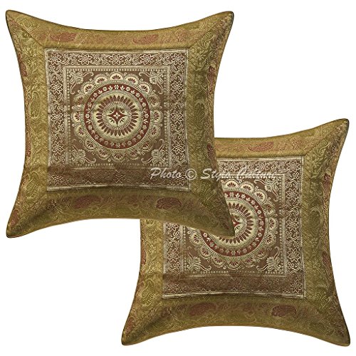 Stylo Culture Gold Indisch Baumwolle Kissenbezug 40 x 40 Brokat Selbst Design Floral Ethnische Kissenbezüge Set von 2 von Stylo Culture