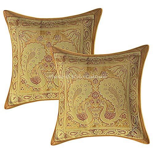 Stylo Culture Indian Dekokissen für Bett 12x12 Satz von 2 Beige Gold Banarsi Brocade Jacquard Schlafzimmer Sofakissenbezüge Paisley Peacock 30x30 cm Kissenbezüge von Stylo Culture