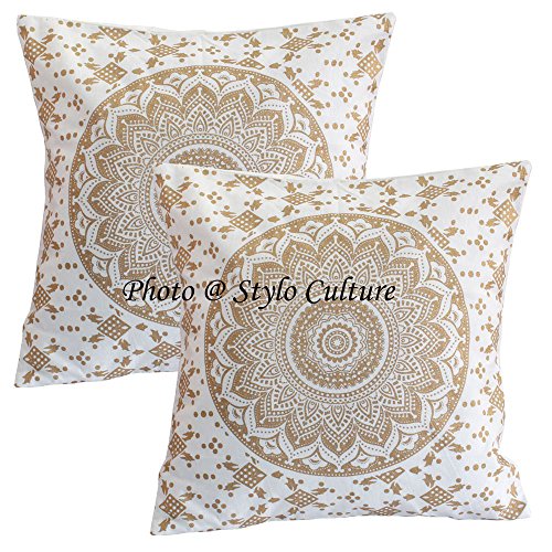 Stylo Culture Indian Dekorative Kissenbezüge Gold Printed Floral Wurfkissen Abdeckungen Baumwolle Square Traditional Mandala Ombre 40x40 cm Kissenbezüge (Set von 2 Stück) von Stylo Culture