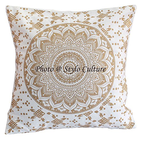 Stylo Culture Indian Kissen für Betten Gold Printed Floral Kissenbezug 40 X 40 Cotton Traditional 40x40 cm Mandala Ombre Kissen Kissenbezüge (1 Stück) von Stylo Culture