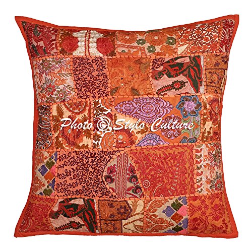 Stylo Culture Indian Kissen für Betten Orange Patchwork Bestickt Dekokissen Kissenbezug Baumwolle Square Hand genäht Floral 60x60 cm Kissenbezüge (1 Stück) von Stylo Culture