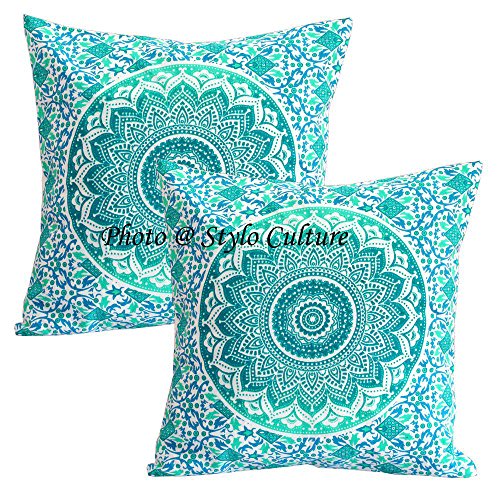 Stylo Culture Indian Scatter Kissenbezüge Green Printed Floral Kissen Kissenbezug Cotton Square Traditional Mandala Ombre 40x40 cm Kissenbezüge (Set mit 2 Stück) von Stylo Culture