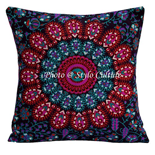 Stylo Culture Indian Scatter Kissenbezüge Lila Gedruckt Pfau Auge Couch Kissenbezug Baumwolle Traditional 40x40 cm Mandala Quadrat Kissenbezüge (1 Stück) von Stylo Culture