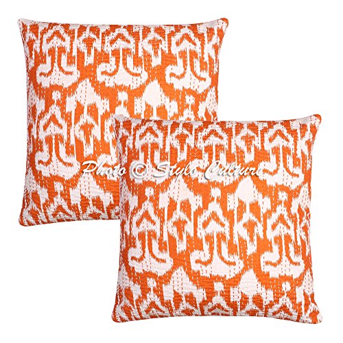 Stylo Culture Indian Scatter Kissenbezüge Orange Kantha Printed Scatter Kissenbezüge 16x16 Cotton Square Handgenähtes Ikat 40x40 cm Kissenbezüge (Set mit 2 Stück) von Stylo Culture