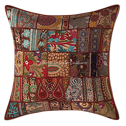 Stylo Culture Indian dekorative große Dekokissen Decken 60 x 60 Home Decor braun Vintage Stoff Patchwork Baumwolle Wohnzimmer Couch Kissenbezug Floral 60 x 60 cm Kissenbezug von Stylo Culture