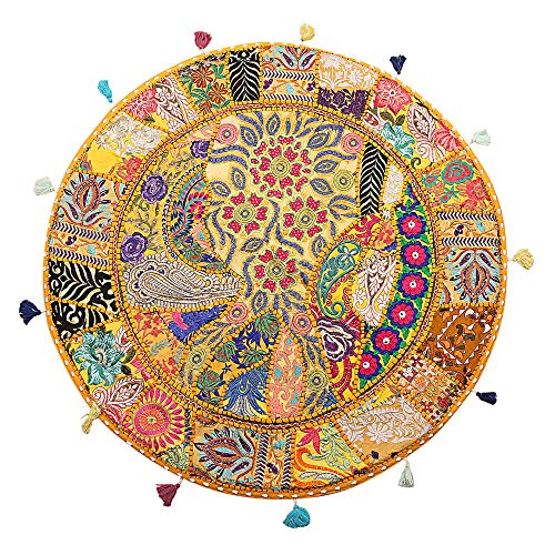 Stylo Culture Indien Dekorativ Rund Bodenkissenbezug Boho 80 x 80 cm Groß Meditationskissen Vintage Mango Gelb Bohemien Patchwork Wohnzimmer Baumwolle Bestickt Bodenkissen Balkon von Stylo Culture