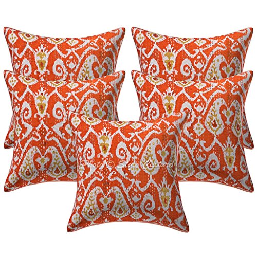 Stylo Culture Indisch Baumwolle Bedruckt Kantha Orange Ethnische 40 x 40 Kissenbezug Dekorative Ikat Square Set von 5 von Stylo Culture